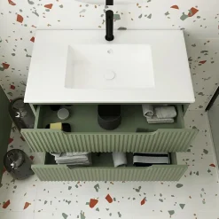 Meuble de Salle de Bains LEON 80cm Vert Olive - 2 Tiroirs en MDF Ondulés - Vasque à encastrer