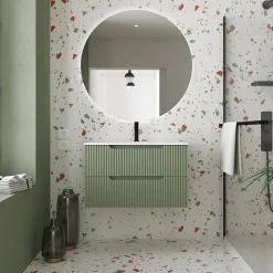 Meuble de Salle de Bains LEON 80cm Vert Olive - 2 Tiroirs en MDF Ondulés - Vasque à encastrer