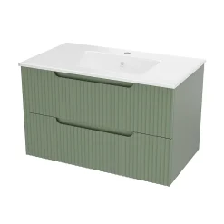 Meuble de Salle de Bains LEON 80cm Vert Olive - 2 Tiroirs en MDF Ondulés - Vasque à encastrer
