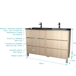 Meuble de salle de bains 120 cm 6 Tiroirs Chêne Clair + Vasque Double Céramique Noire - XENOS