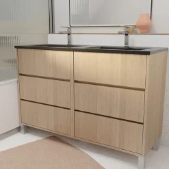 Meuble de salle de bains 120 cm 6 Tiroirs Chêne Clair + Vasque Double Céramique Noire - XENOS