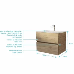 Meuble de salle de bains suspendu 70 cm TIMBER - Décor Chêne Naturel 2 tiroirs avec Vasque blanche