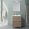 Meuble De Salle De Bains Au Sol 60Cm Avec 2 Tiroirs En Chêne Naturel Effet Bois Avec Lavabo Et Miroir 60X80 - Laguna