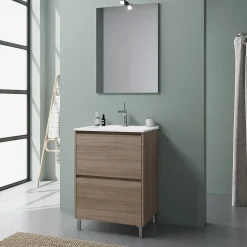 Meuble De Salle De Bains Au Sol 60Cm Avec 2 Tiroirs En Chêne Naturel Effet Bois Avec Lavabo Et Miroir 60X80 - Laguna