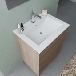 Meuble De Salle De Bains Au Sol 60Cm Avec 2 Tiroirs En Chêne Naturel Effet Bois Avec Lavabo Et Miroir 60X80 - Laguna