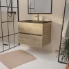 Meuble de salle de bains suspendu 70 cm TIMBER - Décor Chêne Naturel 2 tiroirs avec Vasque noire