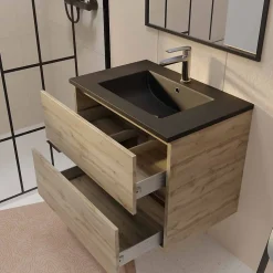 Meuble de salle de bains suspendu 70 cm TIMBER - Décor Chêne Naturel 2 tiroirs avec Vasque noire