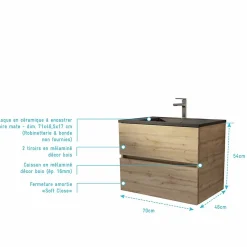Meuble de salle de bains suspendu 70 cm TIMBER - Décor Chêne Naturel 2 tiroirs avec Vasque noire