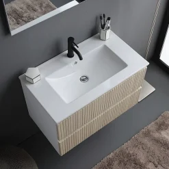 Meuble De Salle De Bains Cannage Blanc Et Chêne 80Cm, Lavabo Et Miroir 80X60 - Bilbao