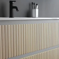Meuble De Salle De Bains Cannage Blanc Et Chêne 80Cm, Lavabo Et Miroir 80X60 - Bilbao