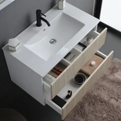 Meuble De Salle De Bains Cannage Blanc Et Chêne 80Cm, Lavabo Et Miroir 80X60 - Bilbao