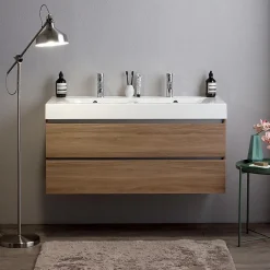 Meuble De Salle De Bains Suspendu 120Cm Avec Tiroirs En Chêne Naturel Soft Close Et Double Lavabo - Valentina