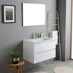 Meuble De Salle De Bains Suspendu 80Cm Blanc Avec Lavabo En Céramique Et Miroir - Bilbao