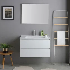 Meuble De Salle De Bains Suspendu 80Cm Blanc Avec Lavabo En Céramique Et Miroir - Bilbao