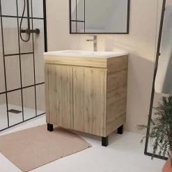 Meuble de salle de bains 70 cm TIMBER - Décor Chêne Naturel à portes avec Vasque céramique blanche