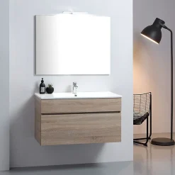 Meuble De Salle De Bains Suspendu De 90 Cm En Chêne Naturel Avec Lavabo De La Série Sole