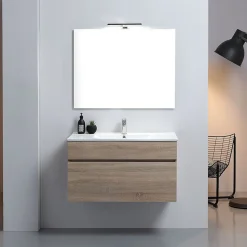 Meuble De Salle De Bains Suspendu De 90 Cm En Chêne Naturel Avec Lavabo De La Série Sole