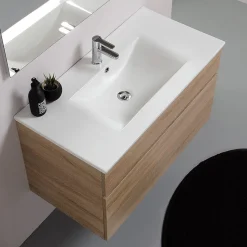 Meuble De Salle De Bains Suspendu De 90 Cm En Chêne Naturel Avec Lavabo De La Série Sole