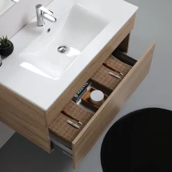 Meuble De Salle De Bains Suspendu De 90 Cm En Chêne Naturel Avec Lavabo De La Série Sole