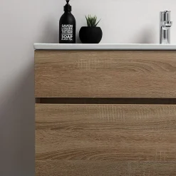 Meuble De Salle De Bains Suspendu De 90 Cm En Chêne Naturel Avec Lavabo De La Série Sole