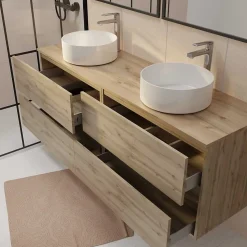 Meuble de salle de bains 160 TIMBER Décor Chêne - 4 Tiroirs - 2 Vasques Rondes Blanches