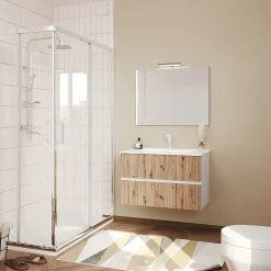 Meuble De Salle De Bains 80Cm Blanc Avec Façade En Chêne Cannelé Et Miroir 80X60