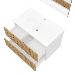 Meuble De Salle De Bains 80Cm Blanc Avec Façade En Chêne Cannelé Et Miroir 80X60
