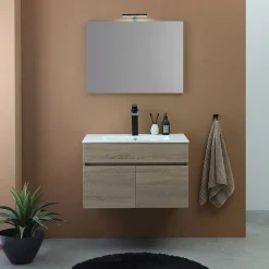 Meuble De Salle De Bains Suspendu Chêne Marron 80Cm, Lavabo Et Miroir 80X60 Silvia