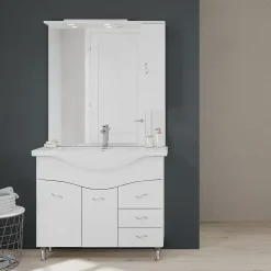 Meuble De Salle De Bains Classique Blanc De 106 Cm Avec Lavabo, Miroir Et Meuble Suspendu.
