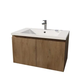 Meuble de salle de bains 75cm à Suspendre Décor Bois Clair - 2 Portes - Vasque Blanche - ELEMENTARY
