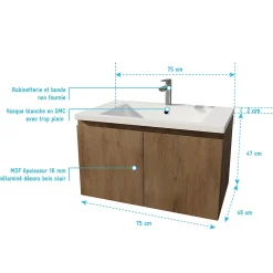 Meuble de salle de bains 75cm à Suspendre Décor Bois Clair - 2 Portes - Vasque Blanche - ELEMENTARY