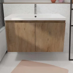 Meuble de salle de bains 75cm à Suspendre Décor Bois Clair - 2 Portes - Vasque Blanche - ELEMENTARY