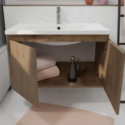 Meuble de salle de bains 80cm à Suspendre Décor Bois Clair - 2 Portes - Vasque Blanche - ELEMENTARY