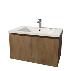 Meuble de salle de bains 80cm à Suspendre Décor Bois Clair - 2 Portes - Vasque Blanche - ELEMENTARY