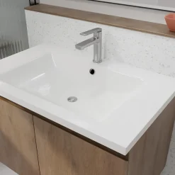 Meuble de salle de bains 80cm à Suspendre Décor Bois Clair - 2 Portes - Vasque Blanche - ELEMENTARY