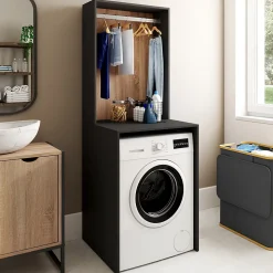 Meuble dessus machine à laver avec penderie WALLIS noir et bois façon hêtre