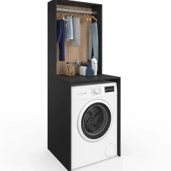 Meuble dessus machine à laver avec penderie WALLIS noir et bois façon hêtre