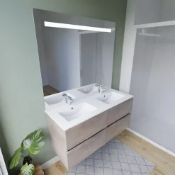 Meuble double vasque 120 cm ROSALY INOX + miroir Elégance ht105- Bois- Plan vasque en Céramique