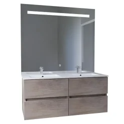Meuble double vasque 120 cm ROSALY INOX + miroir Elégance ht105- Bois- Plan vasque en Céramique