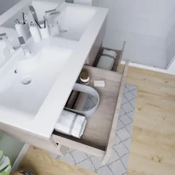 Meuble double vasque 120 cm ROSALY INOX + miroir Elégance ht105- Bois- Plan vasque en Céramique
