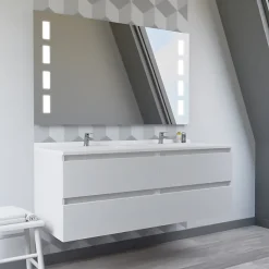 Meuble double vasque 140 cm ARLEQUIN avec miroir Prestige - Blanc - Blanc