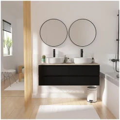 Meuble double vasque 120cm avec plan bois SORRENTO Blanc+vasque+robinet+miroir