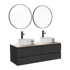 Meuble double vasque 120cm avec plan bois SORRENTO Blanc+vasque+robinet+miroir