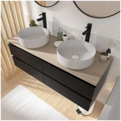 Meuble double vasque 120cm avec plan bois SORRENTO Blanc+vasque+robinet+miroir