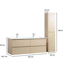 Meuble double vasque 120cm avec plan céramique SORRENTO Décor chêne + colonne