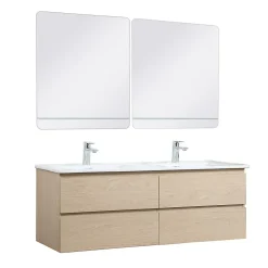 Meuble double vasque 120cm avec plan céramique SORRENTO Décor chêne + miroir