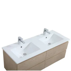 Meuble double vasque 120cm avec plan céramique SORRENTO Décor chêne + miroir