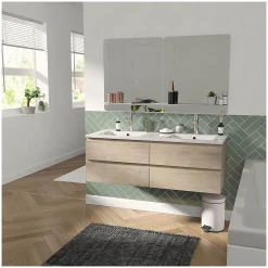 Meuble double vasque 120cm avec plan céramique SORRENTO Décor chêne + miroir