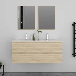 Meuble double vasque, 4tiroirs l.120 x W.46 x H.52 cm,Chêne,avec lavabo et 2x miroir encadré