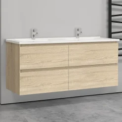 Meuble double vasque, 4tiroirs l.120 x W.46 x H.52 cm,Chêne,avec lavabo et 2x miroir encadré